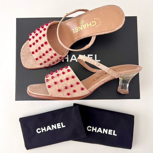 CHANEL | Vintage Y2K Tan Suede Red Embellished Mule Lucite Kitten Heel Sandal - Picture 1 of 16